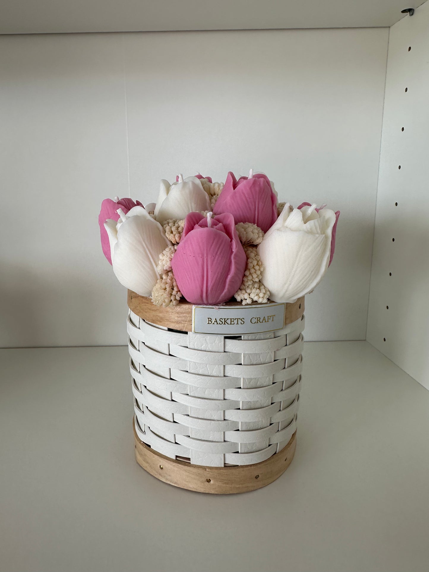 Caixa Basket c/Tulipas Rosa e Branco
