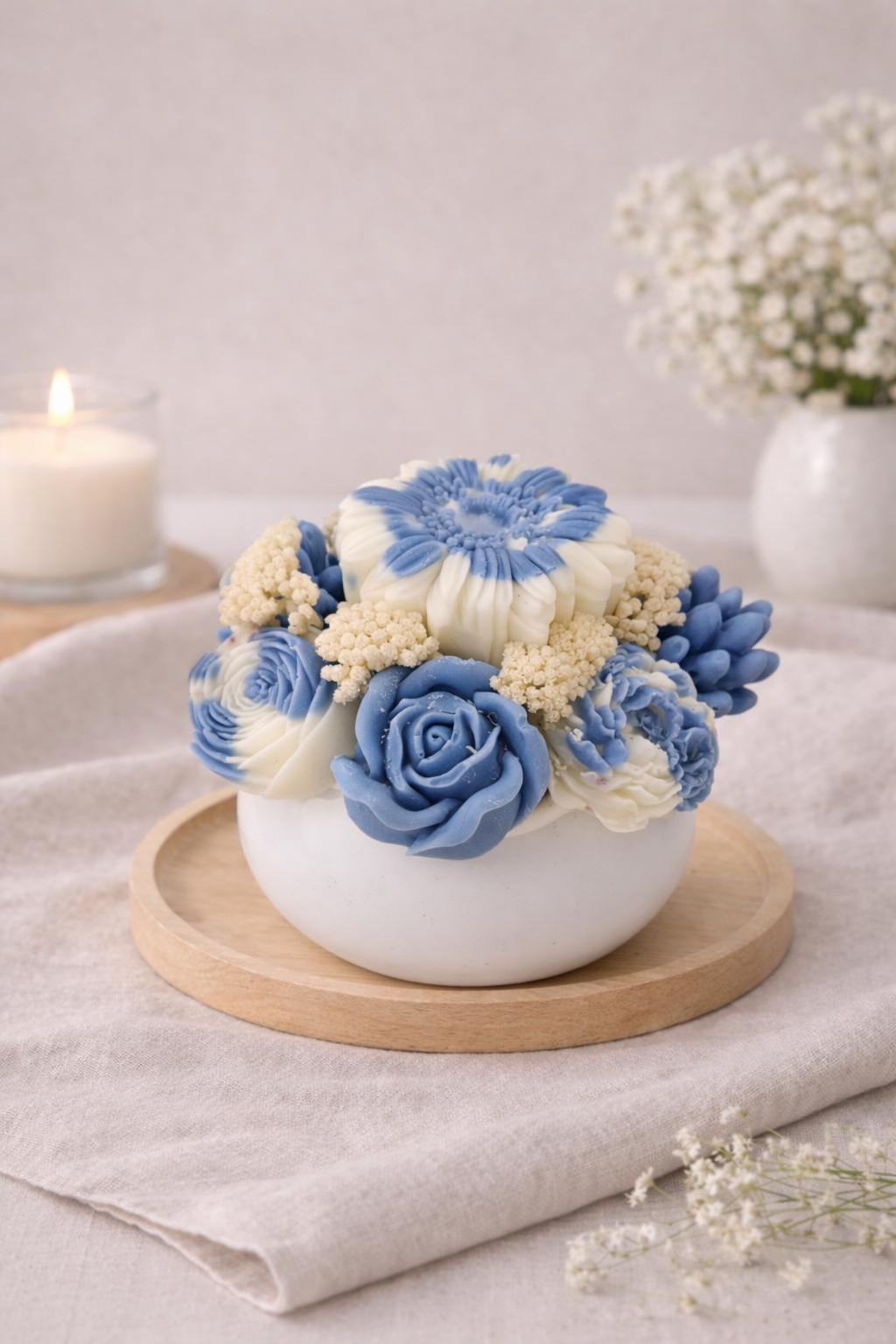 Velas Azuis e Brancas c/ Pote de Gesso