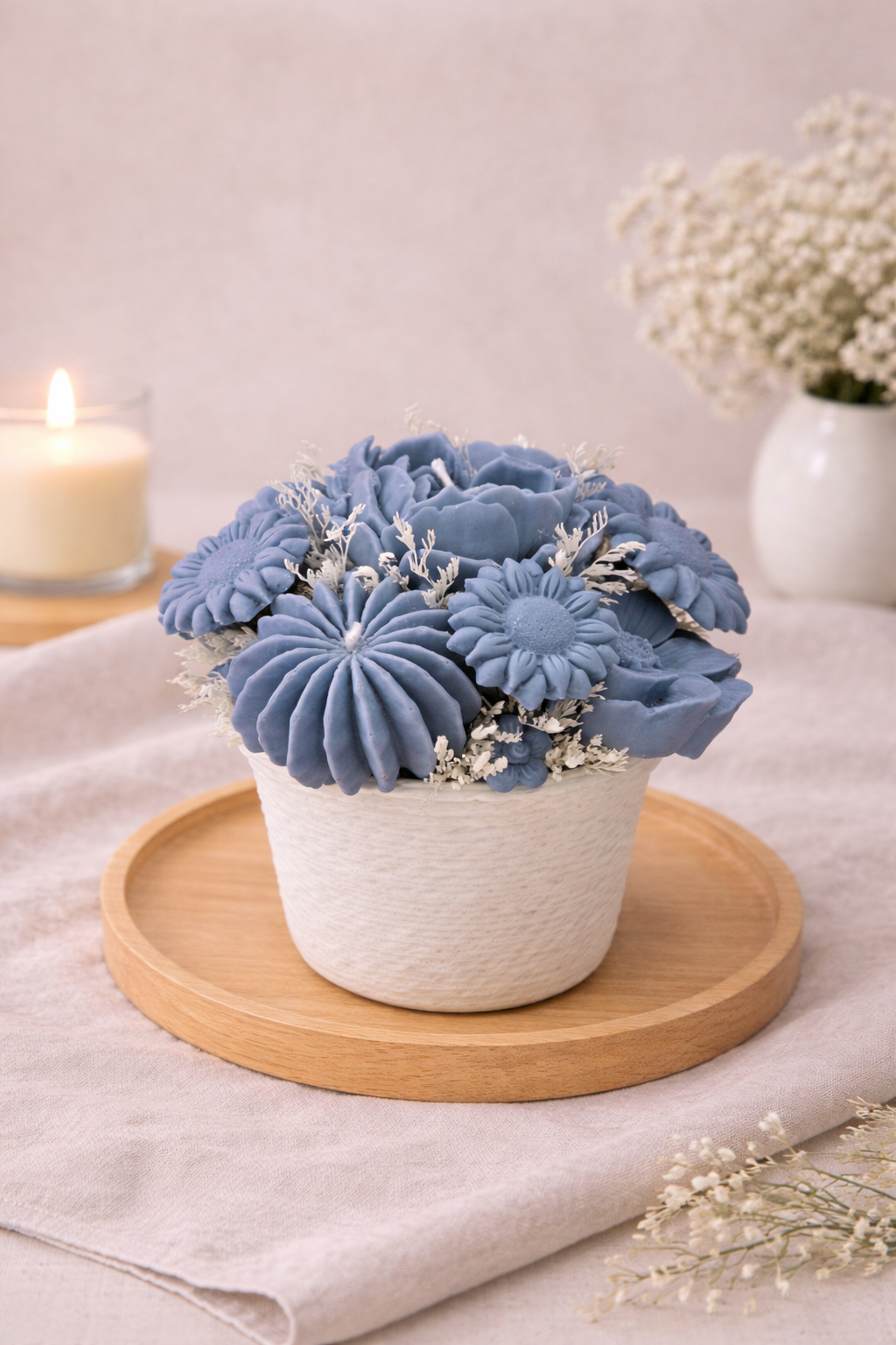 Velas Azuis c/ Vaso de Corda