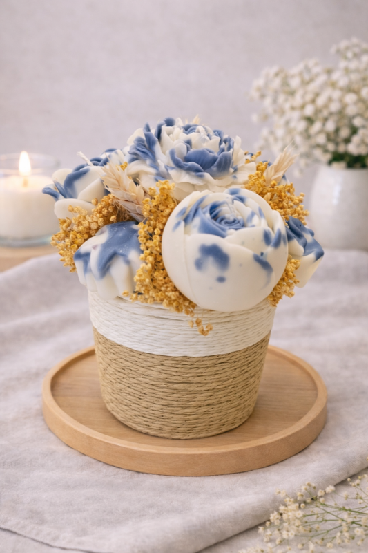 Velas Azuis e Brancas c/ Vaso de Corda