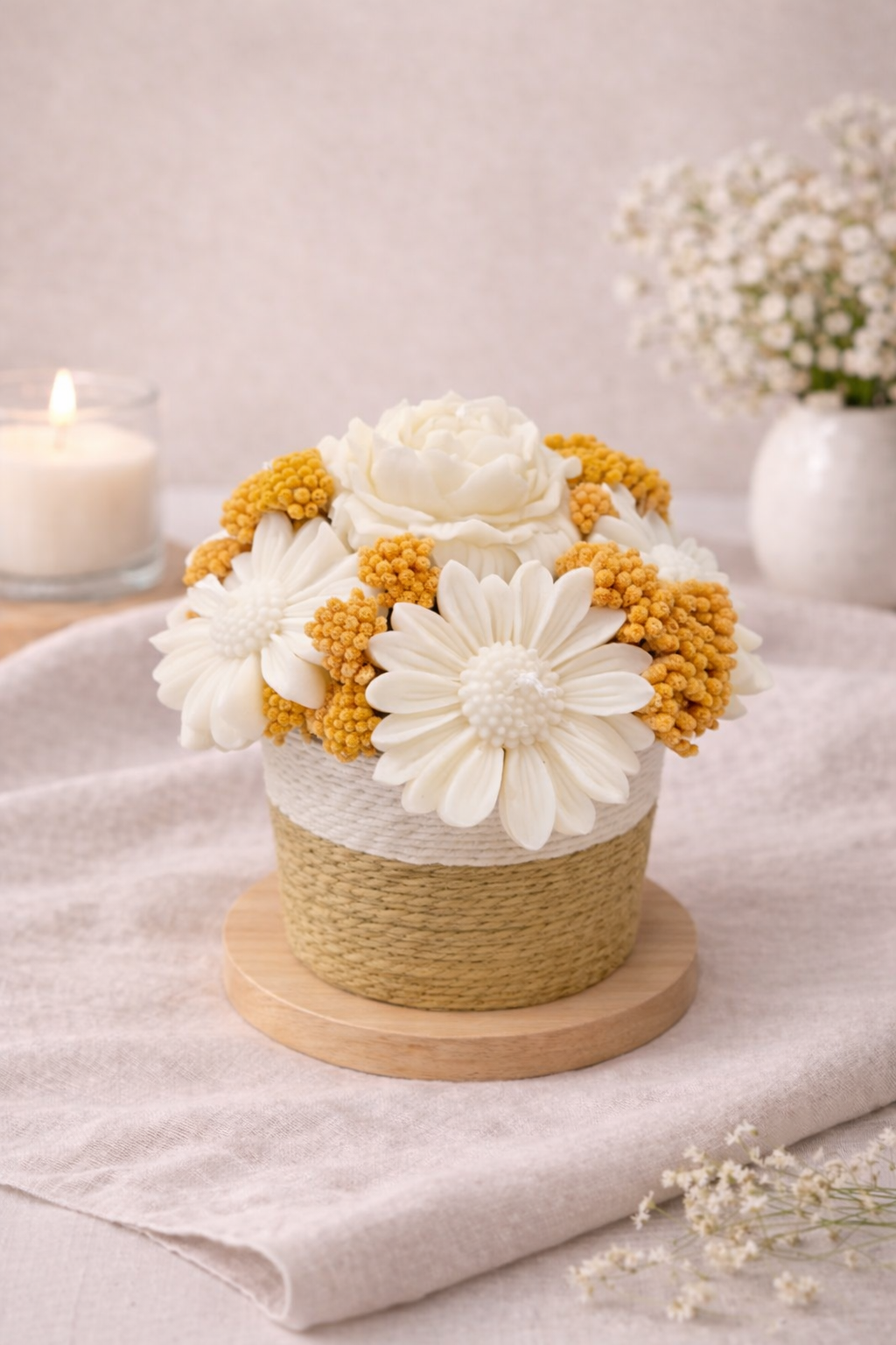 Velas Brancas c/ Vaso de Corda