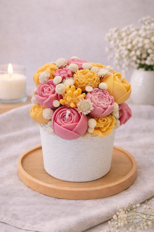 Velas Rosas e Amarelas c/ Vaso de Corda